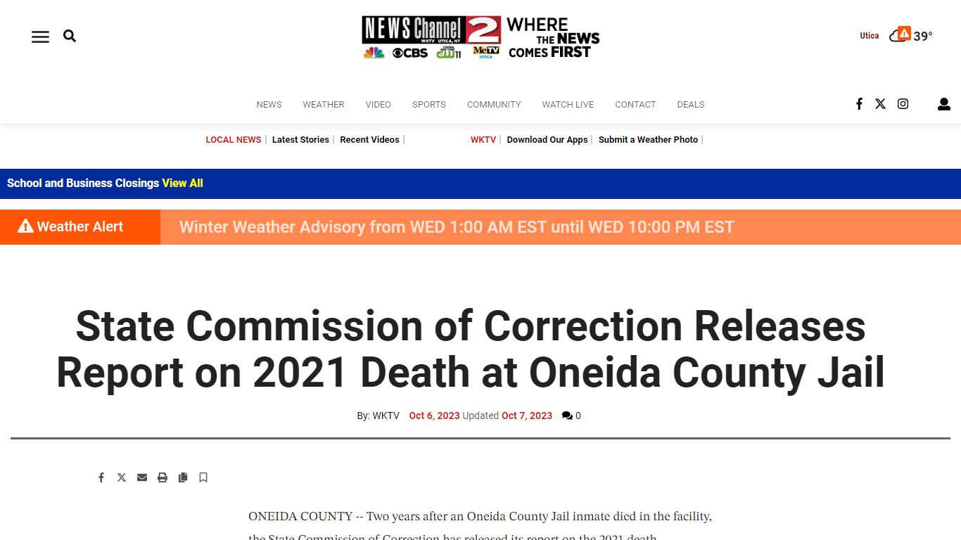 State Commission of Correction Releases Report on 2021 Death at Oneida ...